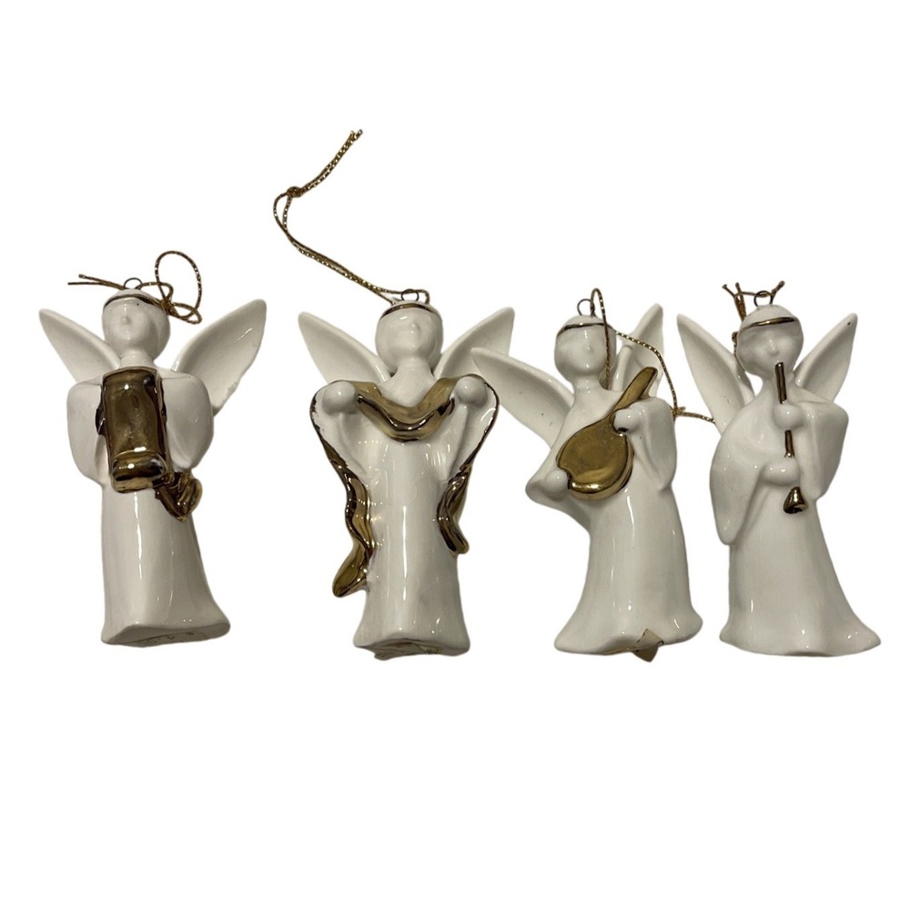 4 Vintage Enesco 1987‎ White Gold Porcelain Angel Choir Ornaments Figurines